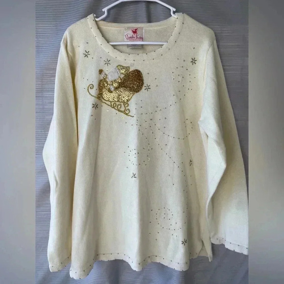 Quacker Factory Cream Sweater with Gold Sleigh Design - Picture 2 of 9